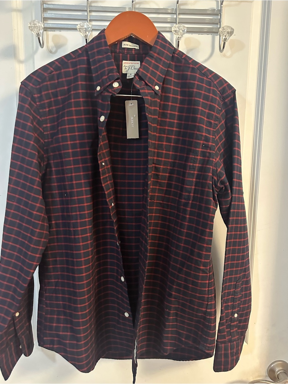 J. Crew Men’s Navy and Red Plaid Button-Down Shirt